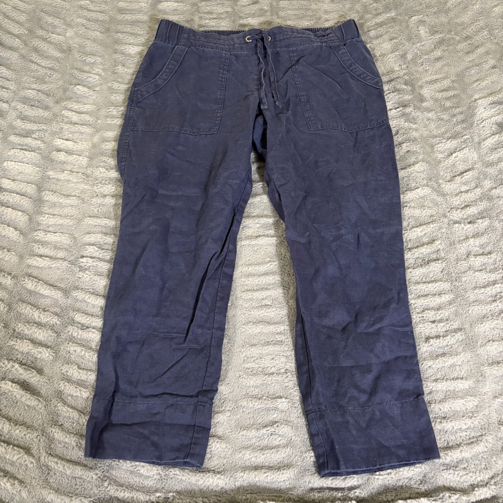Athleta Navy Blue 100% Linen Drawstring Relaxed Crop Pants Size 12 RN 54023